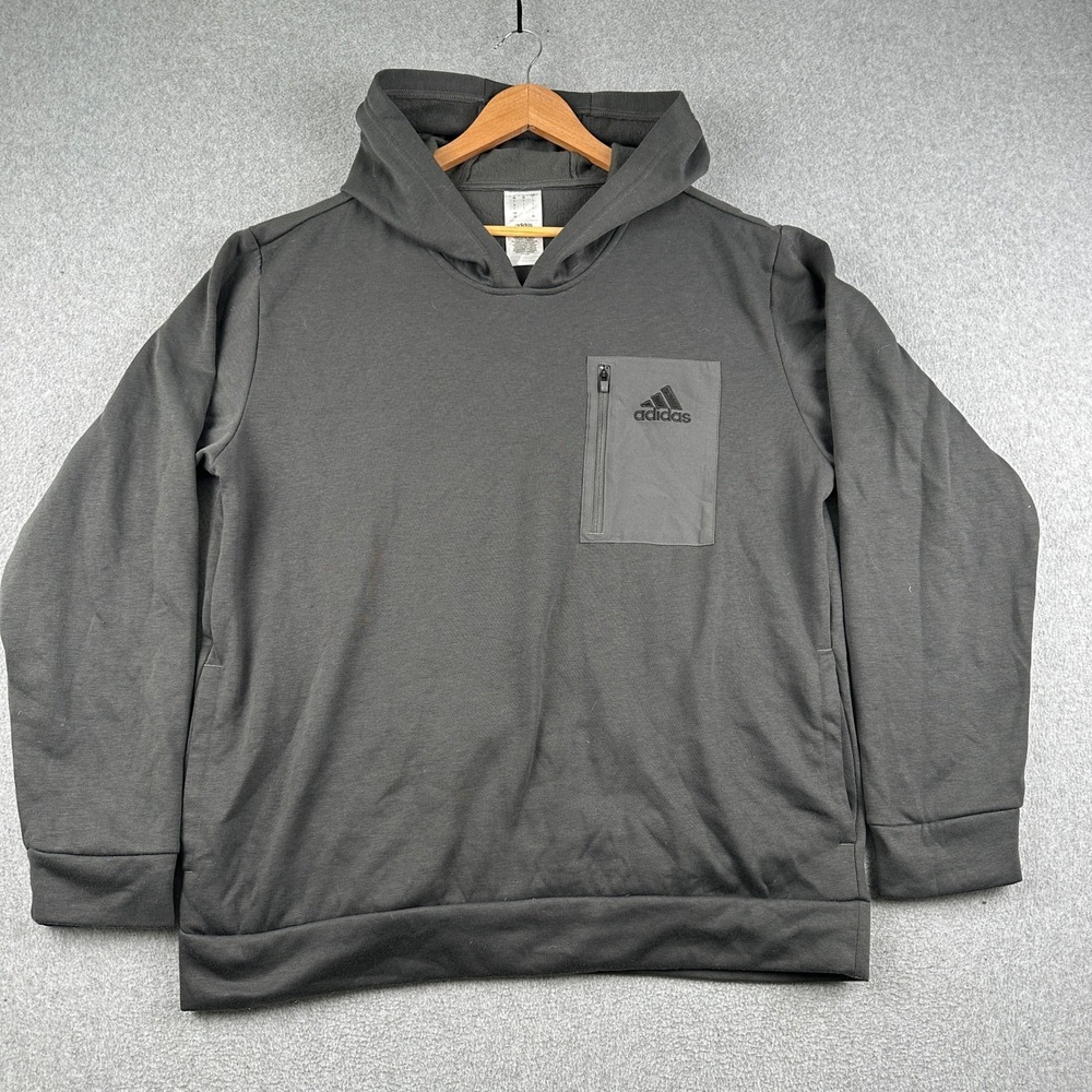 Adidas Hoodie Mens Large Black Zippered Chest Pocket Logo Pullover Activewear
